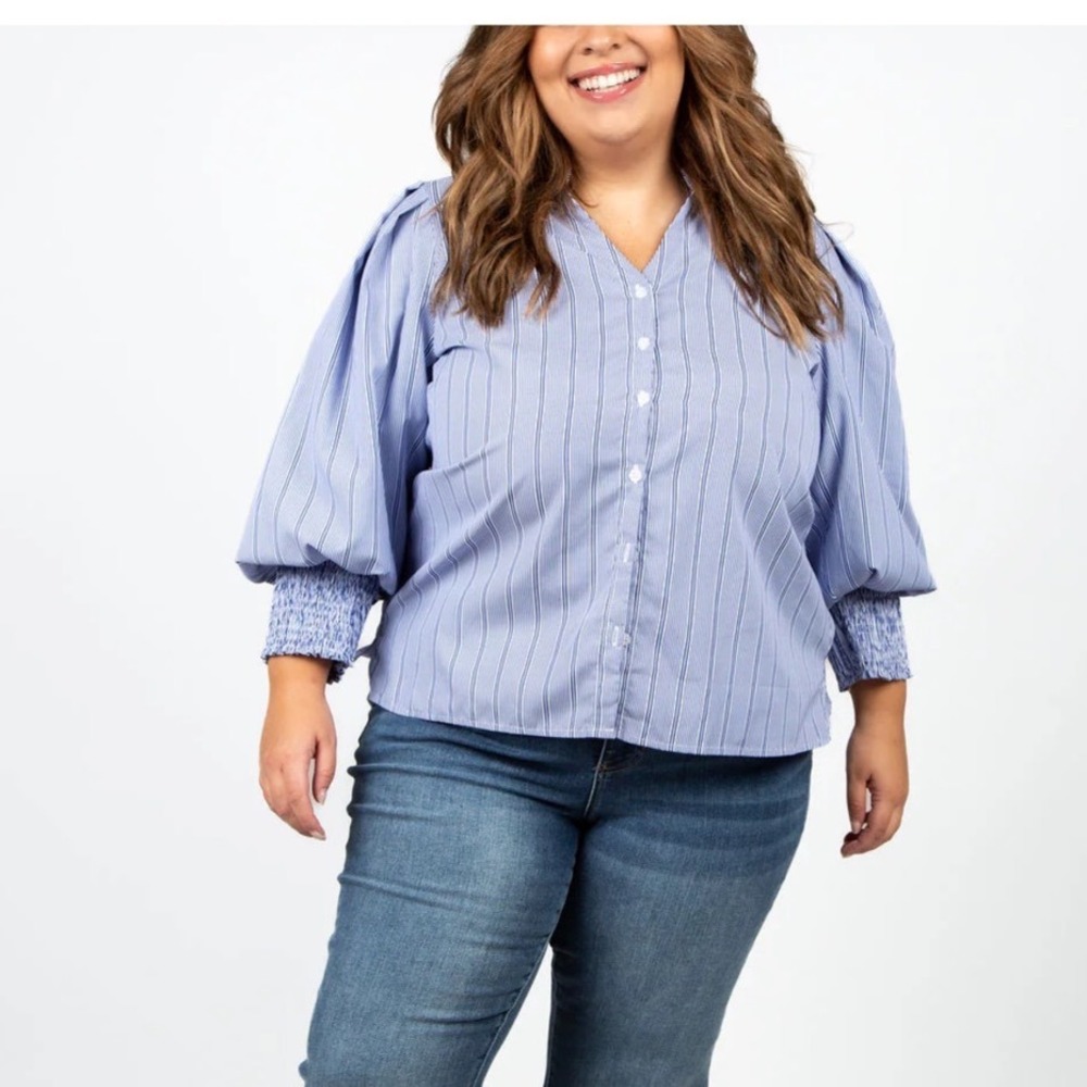 Joh Apparel Witlee Cotton Poplin Striped Puff Sleeve Smocked Top Light Blue L